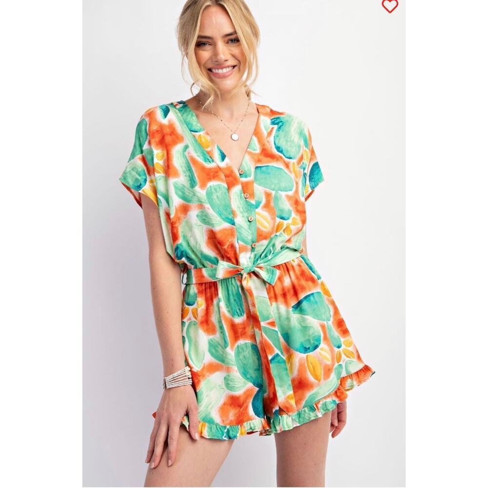 Easel - Tropical Challis Tie Waisted Romper - Large